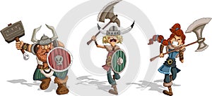 Angry cartoon vikings warriors in the attack.