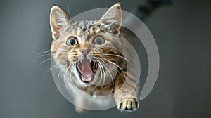 Angry cat in flight at home, portrait of funny jumping pet. Face of flying domestic animal on blurred background. Concept of humor