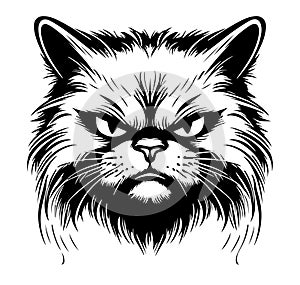 Angry cat head isolated illustration. Black color on white background image. Pets