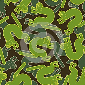 Angry cat military pattern seamless. Attacker pet army background. Hunter and soldier green ornament. Animal Protective vector