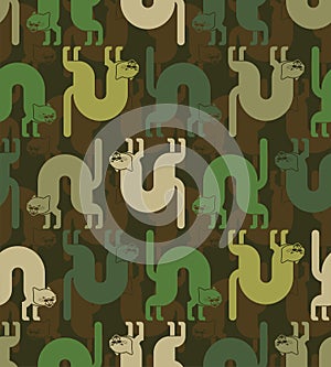 Angry cat military pattern seamless. Attacker pet army background. Hunter and soldier green ornament. Animal Protective vector