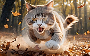 Angry cat runs along a forest path