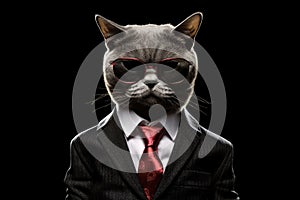 Angry Cat In Suit And Sunglasses On Black Background. Generative AI