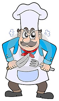 Angry chef with knife and fork