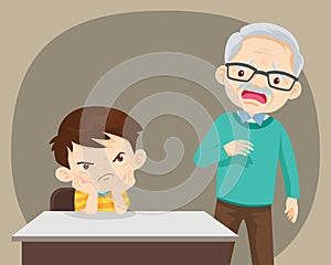 Angry child sitting with elderly have look worry