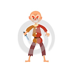 Angry clown cartoon character, halloween clown with evil eyes holding knife vector Illustration on a white background