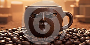 Angry coffee mug sits on coffee bean pile in still life photography artwork