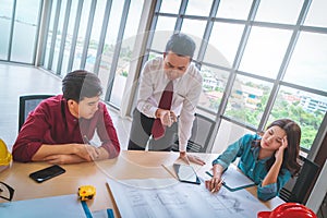 Angry Construction Boss brainstorming with Engineer and Architect team in a Building contractor meeting