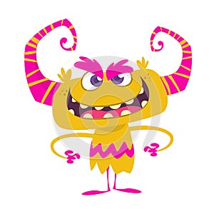 Angry cool cartoon monster with red horns. Vector illustration