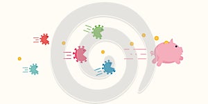 Angry coronavirus cells chase after piggy bank trying to brake and eat it. Corona virus economy crush