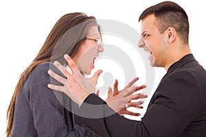 Angry couple fighting wanting to strange each other