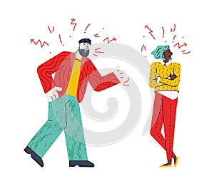 Angry couple having a fight - young cartoon man and woman with mad faces