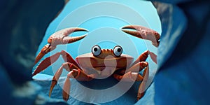 Angry crab threatens with claws while standing in a hole in blue paper, concept of Aggressive behavior, created with