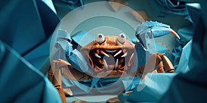 Angry crab threatens with claws while standing in a hole in blue paper, concept of Aggressive behavior, created with