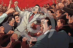 An angry crowd surrounds the leader and threatens to beat him up. Cartoon comics style. Conflict with subordinates. Toxic office