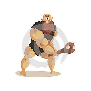 Angry Cyclops caveman with a cudgel, ancient mythical creature cartoon vector Illustration on a white background