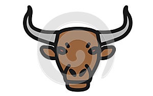 An angry dark brown bull head against a white backdrop