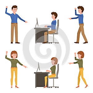 Angry, desperate, upset, sad office boy and girl vector illustration. Shouting, pointing, scolding, reproach, blaming character