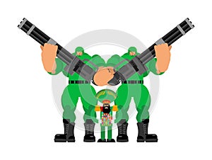 Angry Dictator with army security. evil military ruler. boss with Unlimited Power. vector illustration