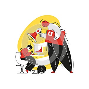 Angry director manager screaming to chained scared male employee at workplace vector illustration