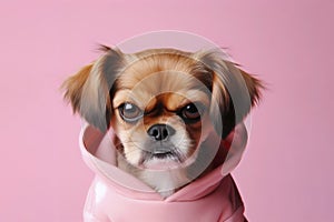 Angry disgruntled little girl dog on a solid pink background. ai generative