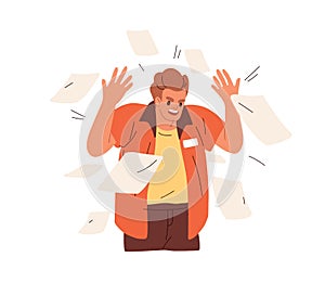 Angry disgruntled office worker in stress, anger. Furious annoyed crazy employee throwing paper documents. Man in bad