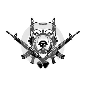Angry dog head with crossed assault rifles. Design element for poster, emblem, sign.