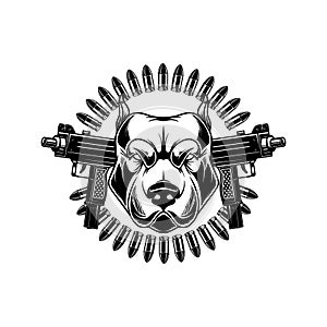 Angry dog head with crossed assault rifles. Design element for poster, emblem, sign.