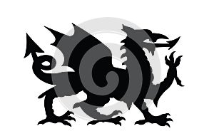 Angry dragon vector silhouette illustration isolated on white background. Wales coat of arms dragon symbol.