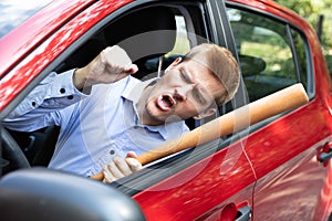 Angry Driver With Baseball Bat Screaming