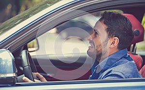 Angry driver. Negative human emotions face expression