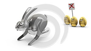 Angry Easter eggs against rabbit, 3d