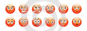 Angry emoticons set. Furious, red and sad faces. Vector illustration.