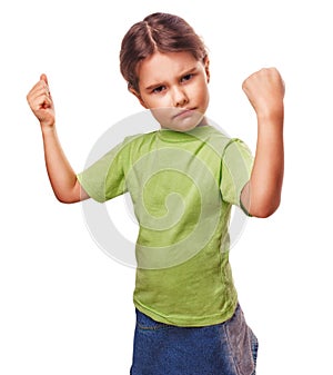 Angry evil girl female child shows fists