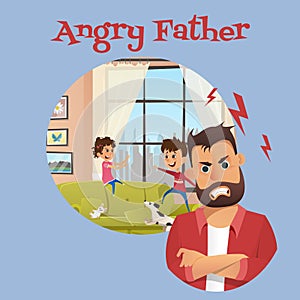 Angry Father Look After Playing Children Banner