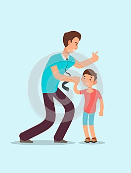 Angry father yells at upset scared child. Family conflict between children and parents vector concept