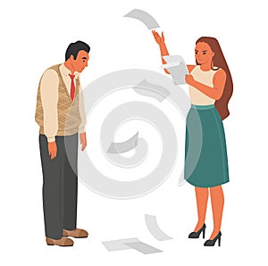 Angry female boss throwing paper scolding employee