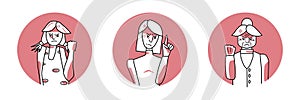 Angry female circle icons set. Young, adult and old woman irritated mood, anger, choleric emotion, threaten with fist. Red color,