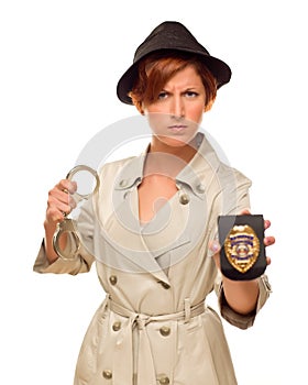 Angry Female Detective With Handcuffs and Badge In Trench Coat