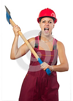 Angry female lumberer swinging huge ax