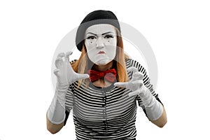 Angry female mime on white