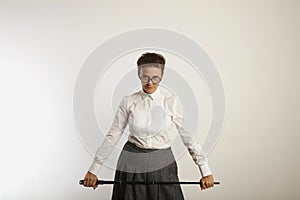 Angry female teacher with a pointer