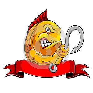 A angry fish holding fish hook