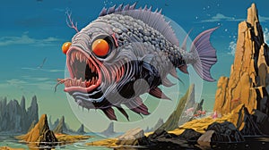 Angry Fishing Fish: A Detailed Science Fiction Illustration With Otherworldly Landscapes