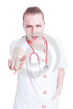 Angry frown doctor arguing and pointing finger to you