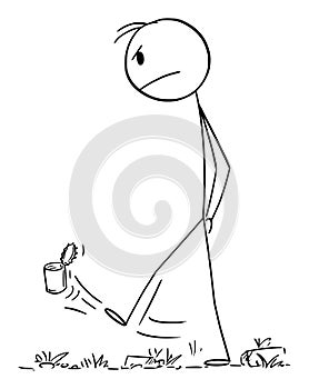 Angry Frustrated Man Walking and Kicking the Garbage, Vector Cartoon Stick Figure Illustration