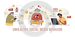 Angry and frustrated people showing unhealthy social media behavior, flat vector illustration on white.