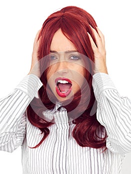Angry Frustrated Red Haired Young Woman Screaming