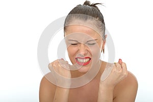 Angry Frustrated Young Woman Portrait with Clenched Fists