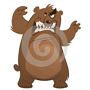 Angry and funny cartoon brown grizzly bear making attacking gesture